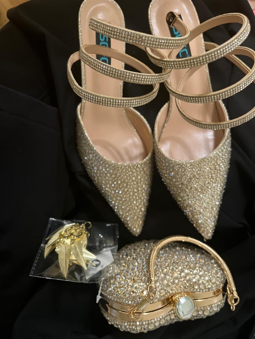 Crystal-Embellished Gold Pointed-Toe Strappy Heels